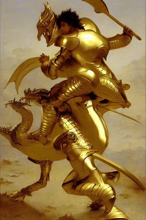 Prompt: a knight in gold armor battling a dragon style of William Adolphe Bouguereau