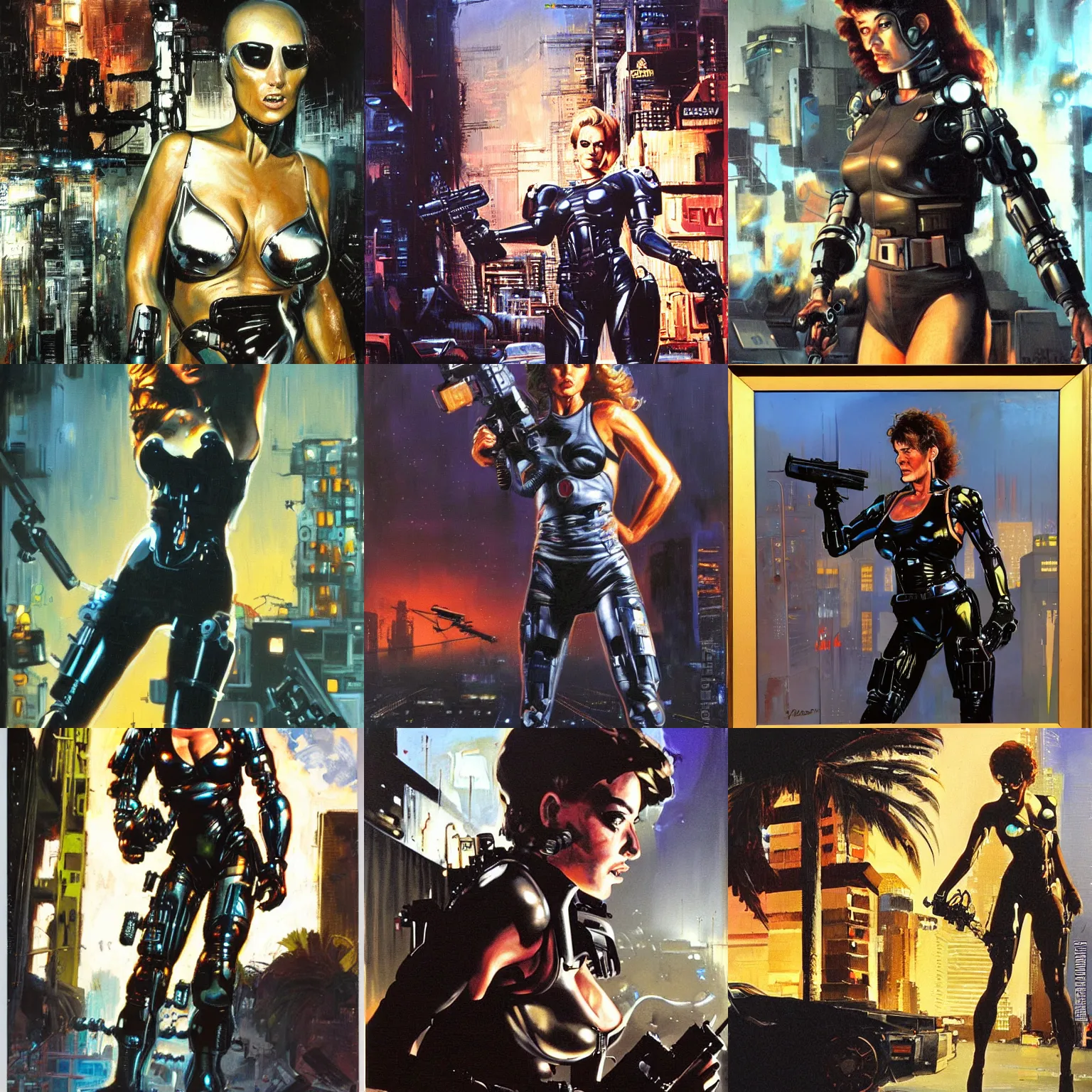 Prompt: female Terminator, 1984 Los Angeles at night, oil on canvas by Simon Bisley and John Berkey