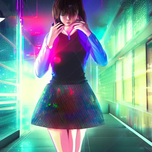 Prompt: hyperdetailed digital beautiful girl wearing a short skirt in the rain interacting with a holographic interface on a wall in a future cyber punk style city trending on art station