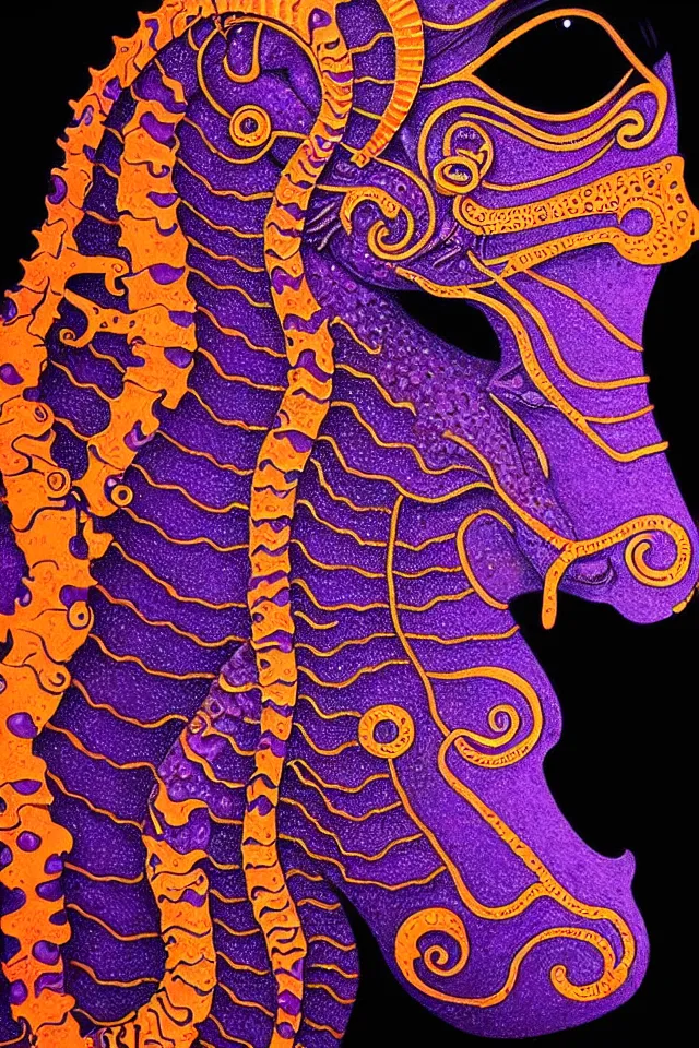 Image similar to a close up portrait of a purple ornate seahorse head statue, orange eyes, black paper, billions of details, beautiful intricate painting by kokaris