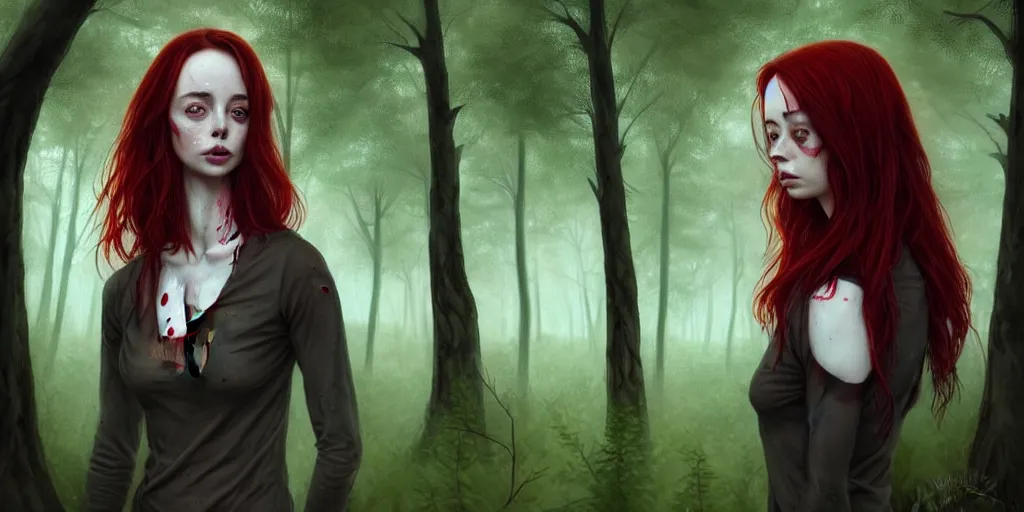 Prompt: surrounded by trees, realistic character concept, gorgeous Kacey Rohl, red hair, small freckles, symmetrical face, symmetrical eyes, full body, covered in blood, dark forest, tall Wendigo creature in background, trees, shorter neck, cinematic lighting, Joshua Middleton and artgerm, fear anxiety terror