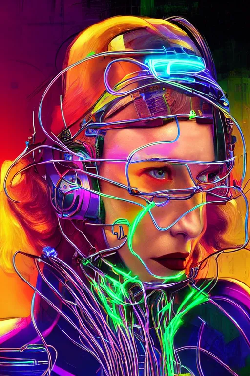 Image similar to cate blanchett with cyber headgear surrounded by wires, neon colors, oil on canvas, strong lighting, by Josan Gonzalez, HD, 4K