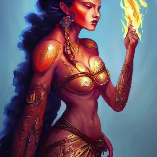 Image similar to A stunning painting of a flame goddess by Andrews Esao, fantasy, Trending on artstation.