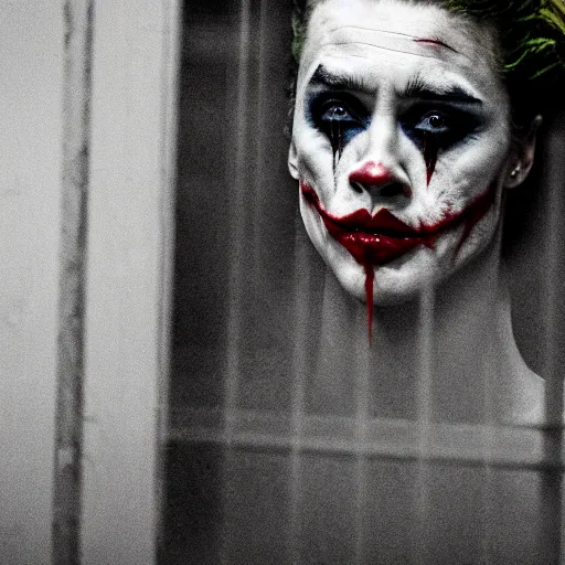 Prompt: amber heard as the joker, crying alone inside a prison cell behind bars, ultra realistic, canon 3 5 mm portrait photography, 8 k, movie still