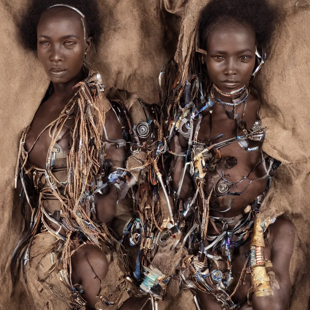 Image similar to beautiful afrofuturistic himba women, otjize, led detailed spacesuit, himba hairstyle, robotic arms, hyperrealistic, scifi, retouched photograph, dark, muted colors