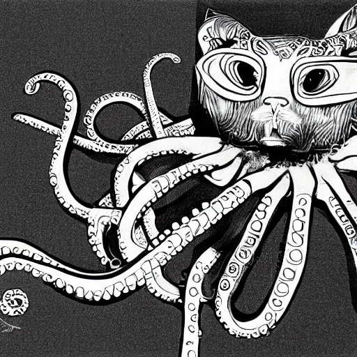 Image similar to a cross between a cat and an octopus, realistic, detailed, black and white illustration