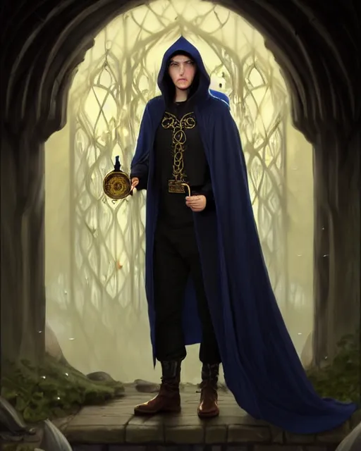 Prompt: handsome male wizard in a apothecary, long black hair blue eyes young face wearing cloth mantle gothic navy cloak with gold details, tree town, fantasy character portrait, ultra realistic, intricate, elegant, cinematic lighting, highly detailed, digital painting, artstation, smooth, sharp, focus, illustration, art by artgerm and greg rutkowski and alphonse mucha
