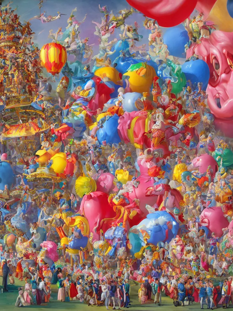 Image similar to a beautiful painting of a carnival with enormous balloon monsters, by jonas burgert, fallas party figures, realistic colors