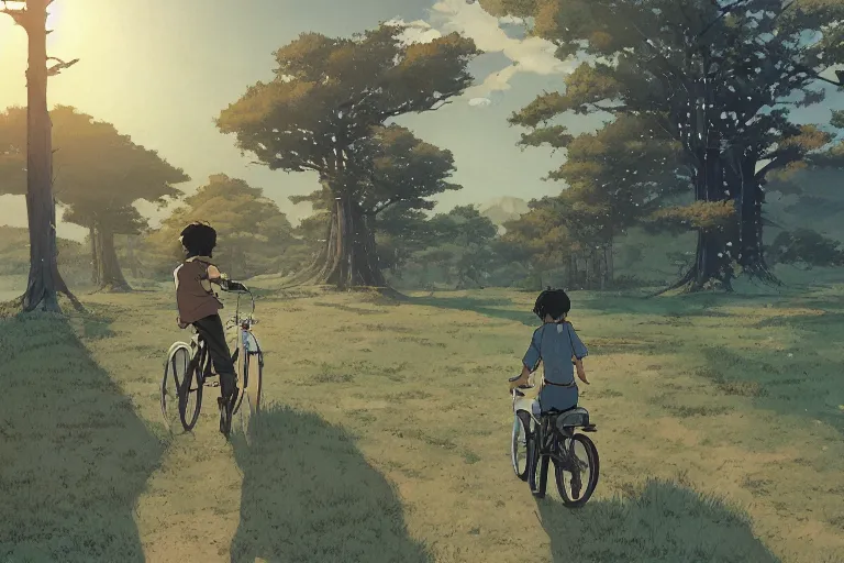 Image similar to a boy riding his bike alone through the plains of rural japan, high intricate details, rule of thirds, golden ratio, cinematic light, anime style, graphic novel by fiona staples and dustin nguyen, by beaststars and orange, peter elson, alan bean, studio ghibli, makoto shinkai