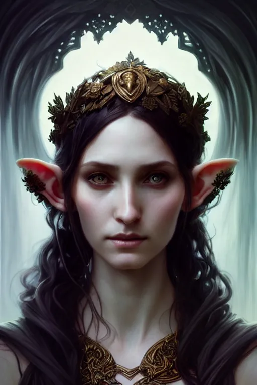 Image similar to Portrait of elvish girl, face, dark fantasy, intricate, elegant, highly detailed, digital painting, artstation, concept photoset, smooth, sharp focus, photo, art by artgerm and greg rutkowski and alphonse mucha