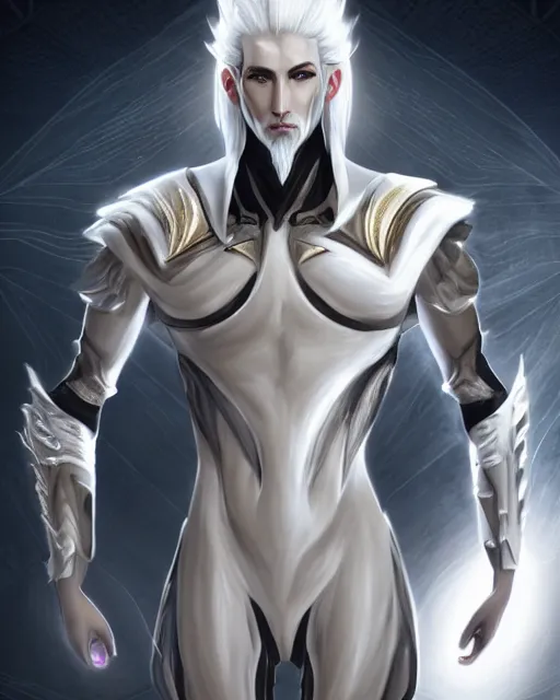 Prompt: perfect white haired egyptian male god, brute, warframe armor, beautiful, symmetric, dreamy, half african, black salamander eyes, charlize theron, detailed, scifi platform, laboratory, experiment, 4 k, ultra realistic, epic lighting, android body, illuminated, cinematic, masterpiece, art by akihito tsukushi, voidstar