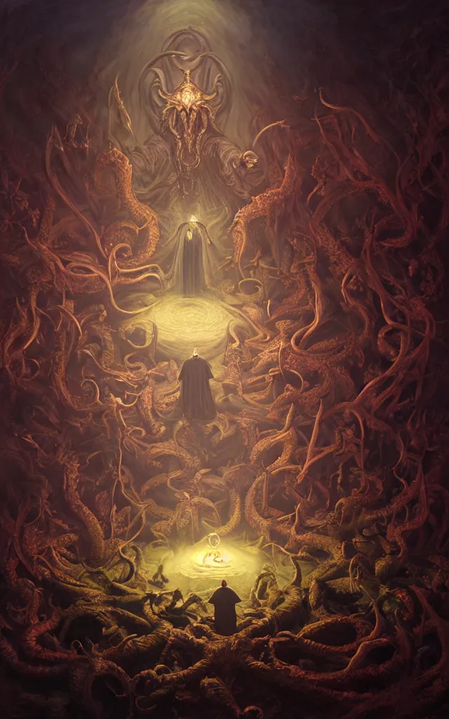 Image similar to hyperrealistic photorealisitc hyperdetailed detailed group circle of pope priest necromancer invoking a in front of a cthulhu, atmospheric lighting, painted, intricate, volumetric lighting, beautiful, rich deep colors masterpiece, sharp focus, ultra detailed by leesha hannigan, ross tran, thierry doizon, kai carpenter, ignacio fernandez rios
