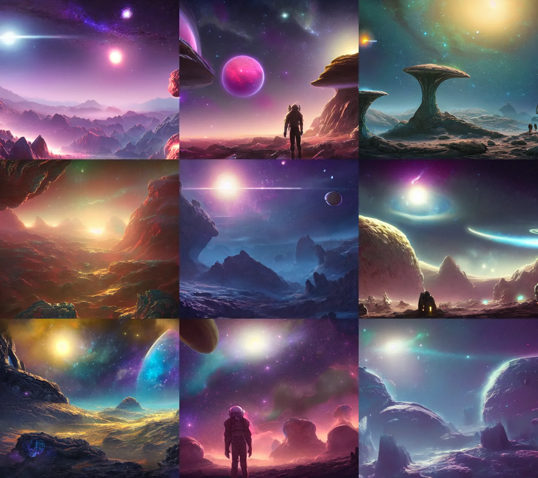 Prompt: centralized, alien planet in space and night sky with stars and galaxies, nebula ornate detailed background, unreal engine, trending on artstation, by rossdraws, thomas kinkade