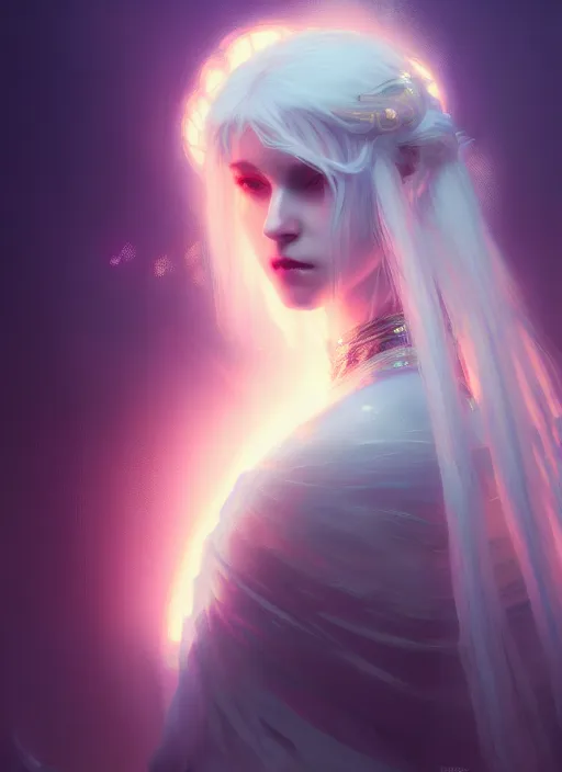 Prompt: a beautiful white haired princess, intricate concept art, ethereal, enchanted, ominous, dramatic lighting, illuminated lines, outrun, vaporware, cyberpunk darksynth, dark background, 8 k, by ruan jia and krenz cushart and alphonse mucha