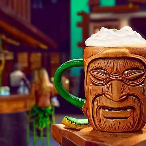 Image similar to a photorealistic photograph of a Trader Vic's tiki mug featuring Jane Seymour at a Tiki bar daybreak- Trending on Artstation, featured on Behance, well-rendered, Unreal Engine, 4K HD