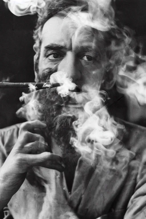 Prompt: a recent photograph of god smoking a cuban cigar by stanley kubrick