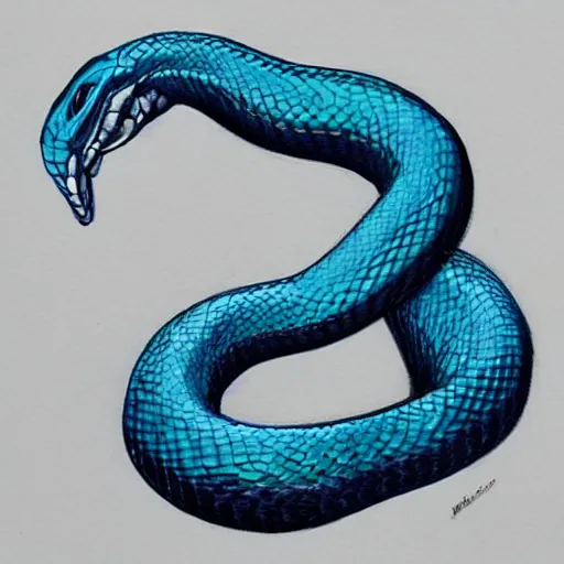 Prompt: “a vicious blue viper snake wrapped around a wonky dagger, blue tint, drawing”
