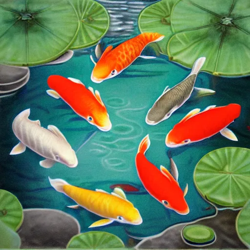 Image similar to seven koi fish in a pond with lily pads