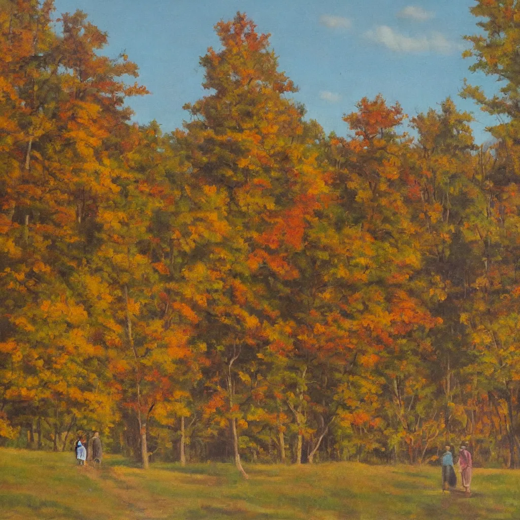 Image similar to 1 9 4 0 s american realist oil painting of walking together in the late afternoon light of gatineau park in october