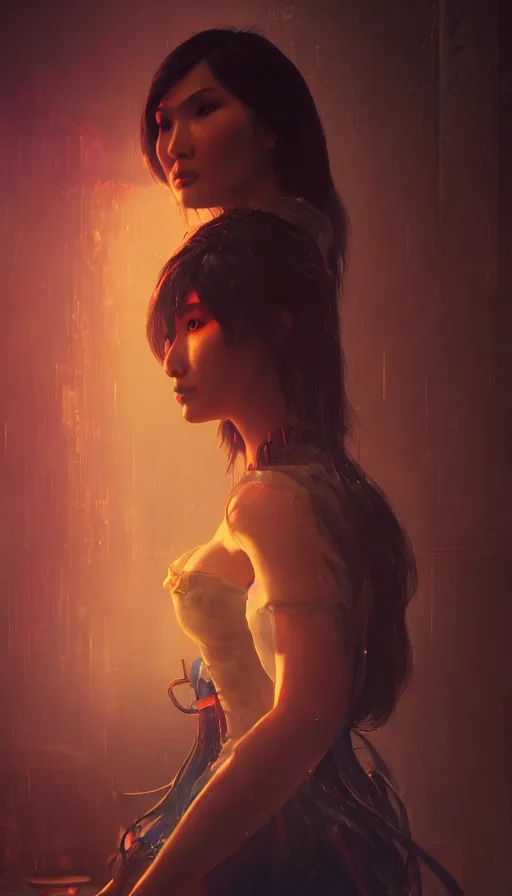 Image similar to portrait of gemma chan tavern bard, intricate face, furious expression, sweat, narrow dark streets with exotic dancers, vaporwave aesthetics, 8 k uhd, unreal engine, octane render in the artstyle of finnian macmanus, john park and greg rutkowski