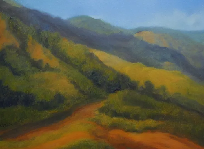 Image similar to figurative painting, landscape, hills as gorges