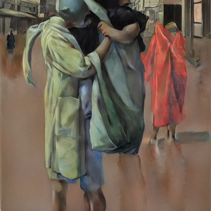 Image similar to two women hugging with a paper bag over the head, dressed in plastic bags, on flooded street of tokyo, highly detailed, artstation, art by , edward hopper, zdislav beksinski, wayne barlowe