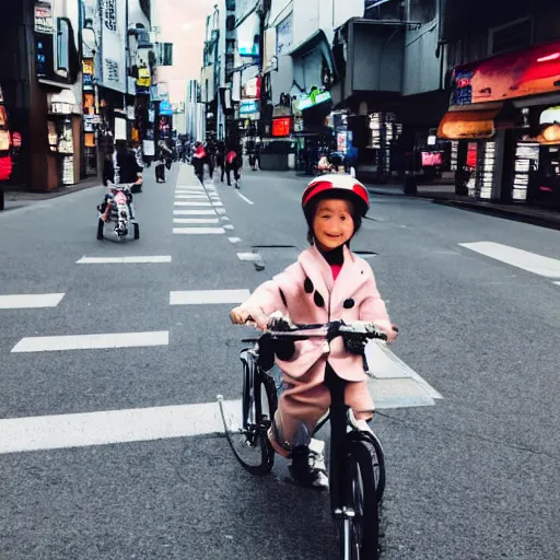 Image similar to tiny little cute dragons riding a bike in the streets of tokyo