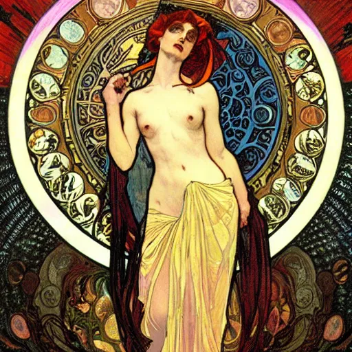 Image similar to persephone as godess of deth, painted by alphonse mucha