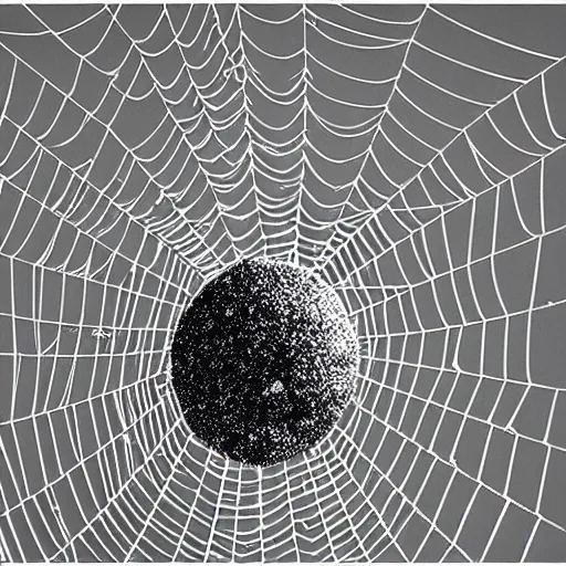 Image similar to a spider web woven between asteroids in outer space, orbiting a planet.