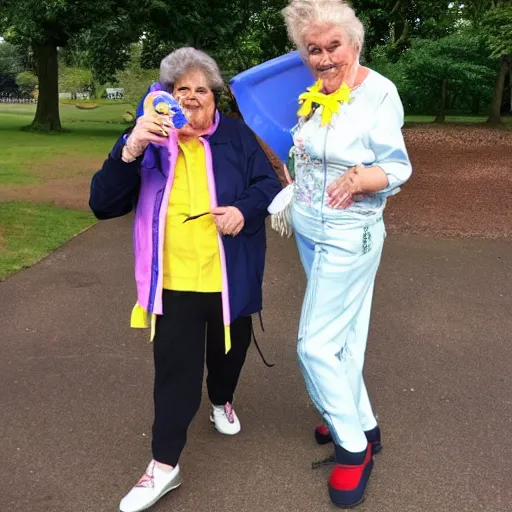 Prompt: went to the park and saw my nan eating a banana with elvis presley they were dancing on ice