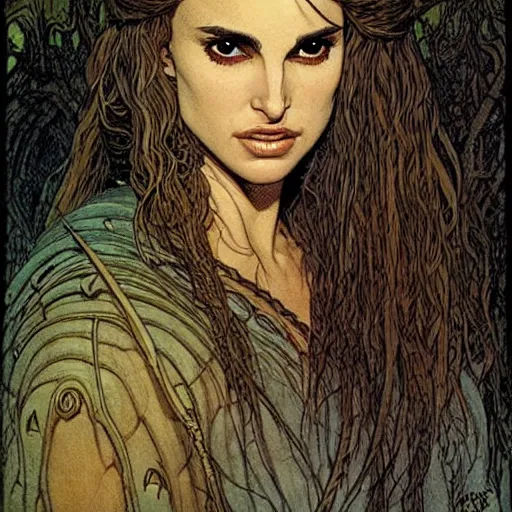 Prompt: a realistic, very beautiful and atmospheric portrait of a young natalie portman as a druidic warrior wizard looking at the camera with an intelligent but seductive gaze by rebecca guay, michael kaluta, charles vess and jean moebius giraud