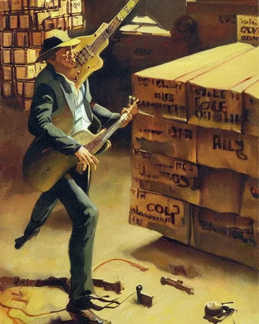 Prompt: Snake Oil salesman shredding on a Gibson Les Paul in a snake oil warehouse, painting by Frank Frazetta