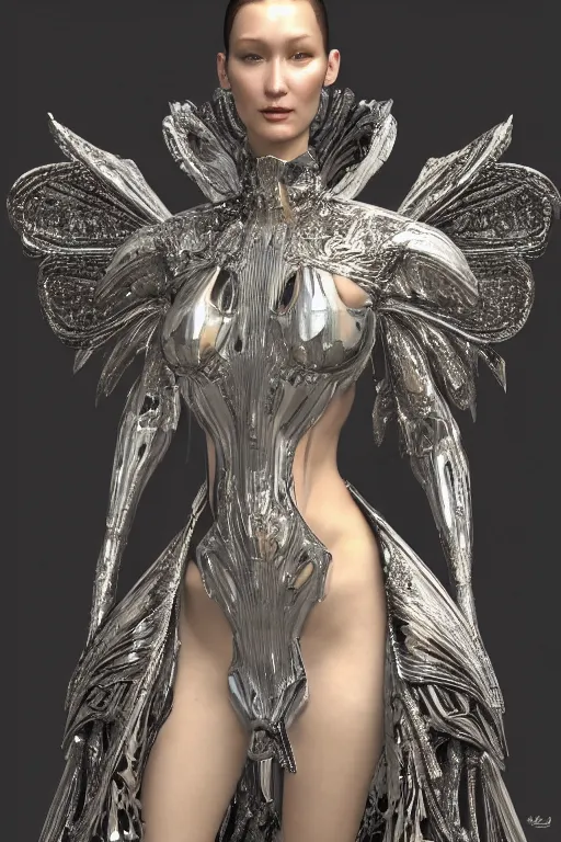 Image similar to a highly detailed 4 k render of a beautiful angel alien goddess bella hadid in iris van herpen dress armor schiaparelli in diamonds in style of alphonse mucha trending on artstation made in unreal engine 4