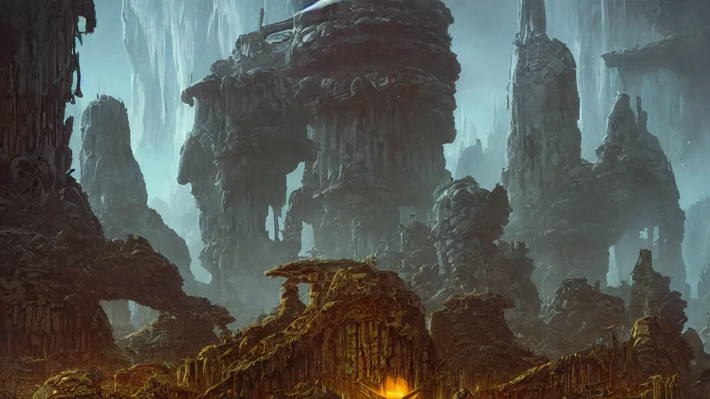 Image similar to eerie atmospheric alien planet with biomechanical plants and the ruins of civilization by les edwards and vincent di fate and anato finnstark, epic cinematic matte painting