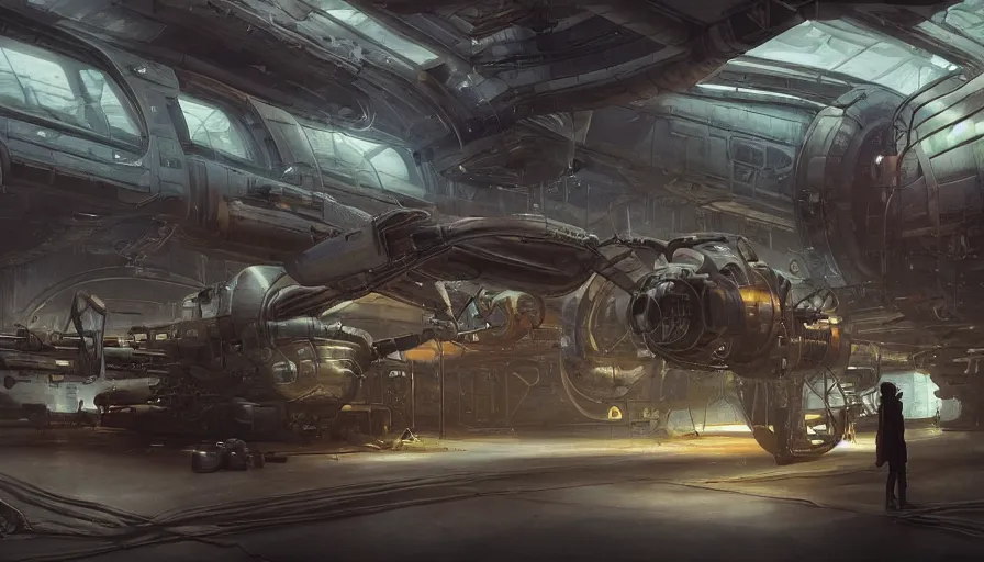 Image similar to the inside of a futuristic mechanic spaceshop, highly detailed interior, holographic screen in center frame by peter mohrbacher and craig mullins, dieselpunk, firefly, cryengine render, hyper realism, realistic shading, cinematic composition, realistic render, octane render, detailed textures, photorealistic, wide shot, fanciful, colorful