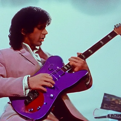 Prompt: screenshot of prince charles playing guitar in the movie purple rain