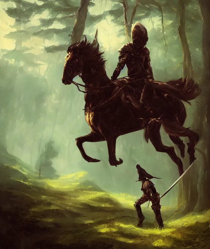 Prompt: a hero against the grain who wields his sword against a monstrous black rider of death in a fantastic woodland setting by finnstark anato