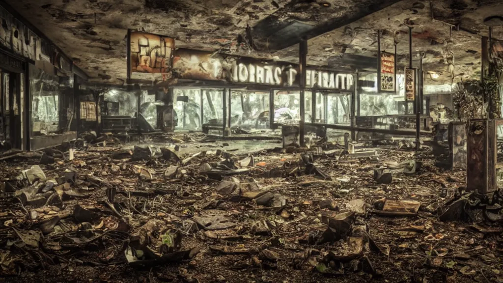 Image similar to forestpunk unfettered afterlife abandoned fastfood restaurant, postapocalypse, cinematic