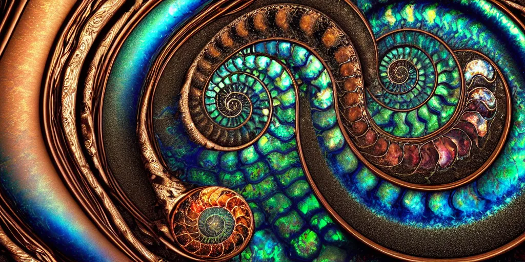 Image similar to cinematic landscape, art nouveau cresting oil slick waves, ammonite, bubbles in a shiny iridescent oil slick wave, black opals, ornate copper patina art nouveau spiral ornament, rococo, organic rippling spirals, hyperdetailed photorealistic ultrasharp octane render