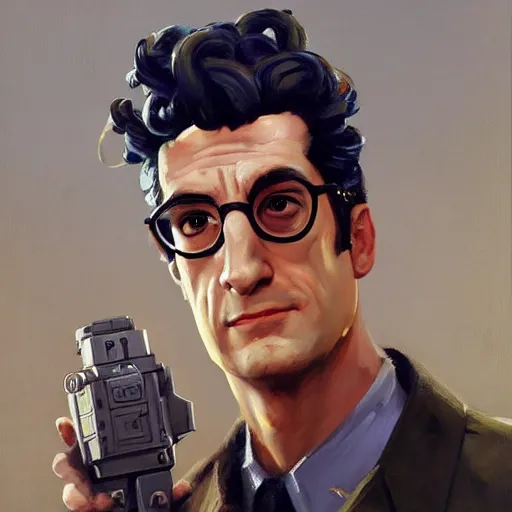 Prompt: greg manchess portrait painting of armored ghostbuster egon spengler as overwatch character, medium shot, asymmetrical, profile picture, organic painting, sunny day, matte painting, bold shapes, hard edges, street art, trending on artstation, by huang guangjian and gil elvgren and sachin teng