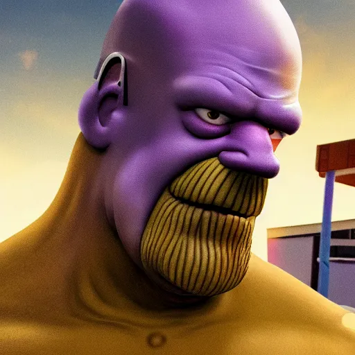 Prompt: homer simpson as thanos, 4 k, high detail, high - resolution photograph, professional photography, ultra - detail