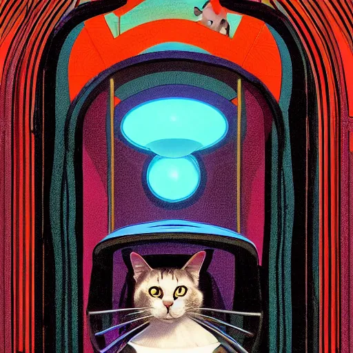 Image similar to a cat wearing a hooded cloak, in an elevator with art nouveau neon panelling, by pascal blanche and james jean moebius and james gurney and greg rutkowski, 8 k