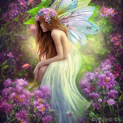 Image similar to the most beautiful fairy sitting on a flower in an amazing peaceful forest, fantasy artwork, detailed, sharp