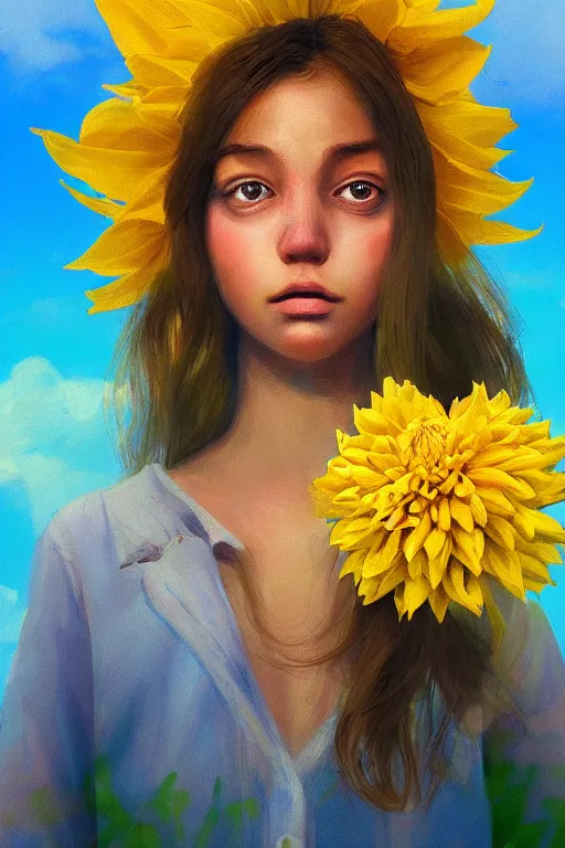 Image similar to closeup girl with huge yellow dahlia flower face, on the beach, surreal photography, blue sky, sunrise, dramatic light, impressionist painting, digital painting, artstation, simon stalenhag