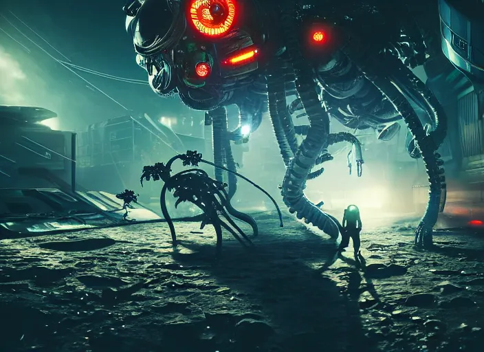 Image similar to astronaut fighting off a mechanical alien. on the background of a weird magical mechanical forest. Intricate. Very detailed 8k. Fantasy cyberpunk horror. Sharp. Cinematic post-processing. Unreal engine. Nanite. Ray tracing. Parallax. Tessellation