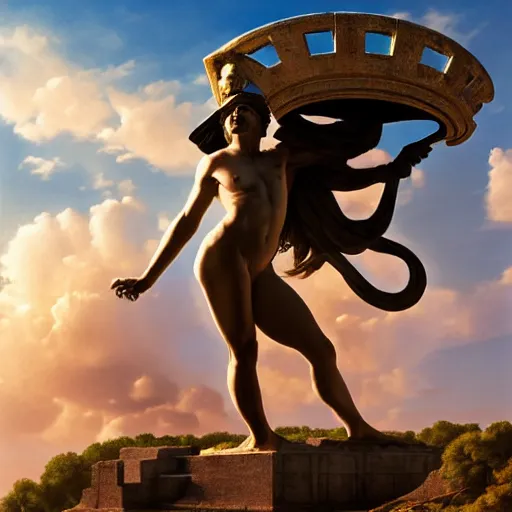 Image similar to tiny greek goddess in steel helmet standing on a giant greek bearded male head of Zeus, greek temple of olympus glory island, late afternoon light, wispy clouds in a blue sky, by frank lloyd wright and greg rutkowski and ruan jia