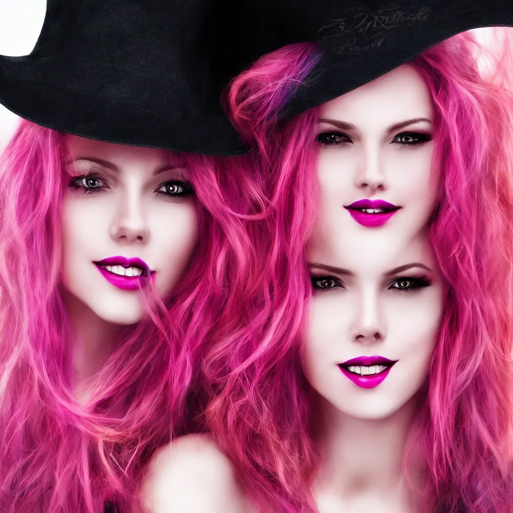 Image similar to ultra realistic portrait of a hot witch , colorful hair, pink lips, gorgeous smile, stunning, hottest, 8K resolution, deviantart,