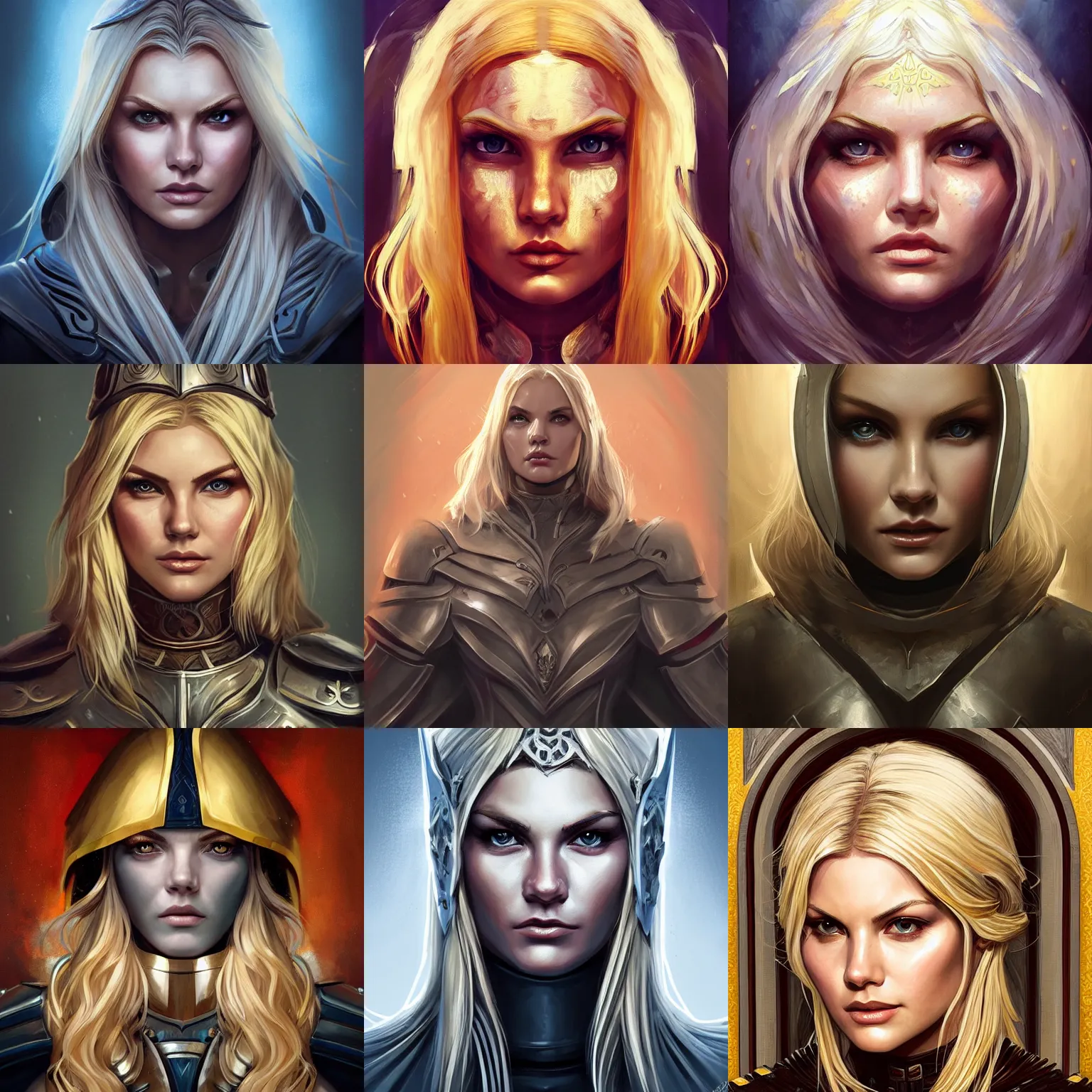 Prompt: head-on centered symmetrical painted portrait, Elisha Cuthbert as a templar, blonde hair, steel armour, dramatic lighting, intricate, wild, highly detailed, digital painting, smooth, sharp focus, illustration, dramatic lighting, artstation, in the style of Artgerm and Anna Podedworna