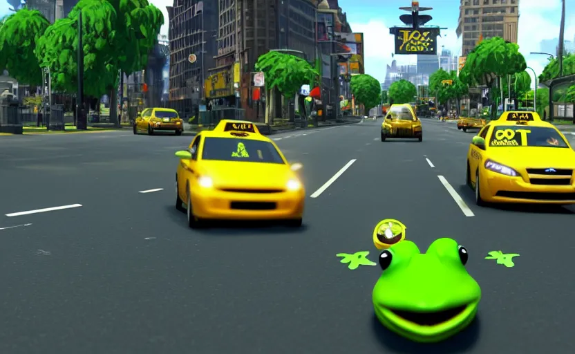 Image similar to ps 4 game about a cute frog driving a taxi, frog driving a taxi unreal 4 screenshot,