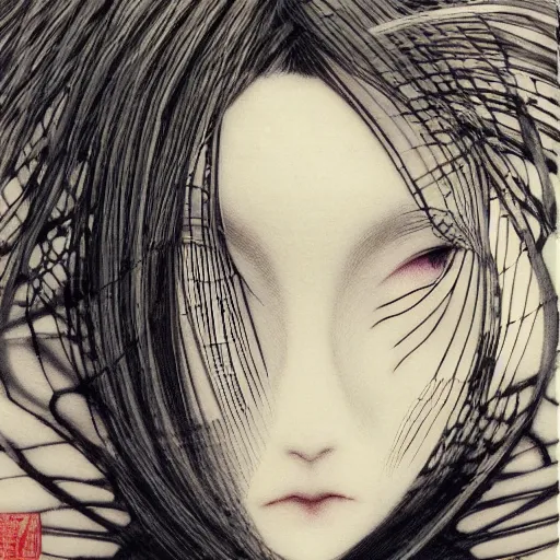 Image similar to yoshitaka amano blurred and dreamy realistic illustration of a japanese woman with black eyes, wavy white hair fluttering in the wind wearing elden ring armor with engraving, abstract patterns in the background, satoshi kon anime, noisy film grain effect, highly detailed, renaissance oil painting, weird portrait angle, blurred lost edges, three quarter view